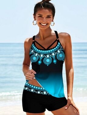 NEW Womens Size Medium Blousen Strappy Tankini Boy Shorts Swimsuit Teal/Black